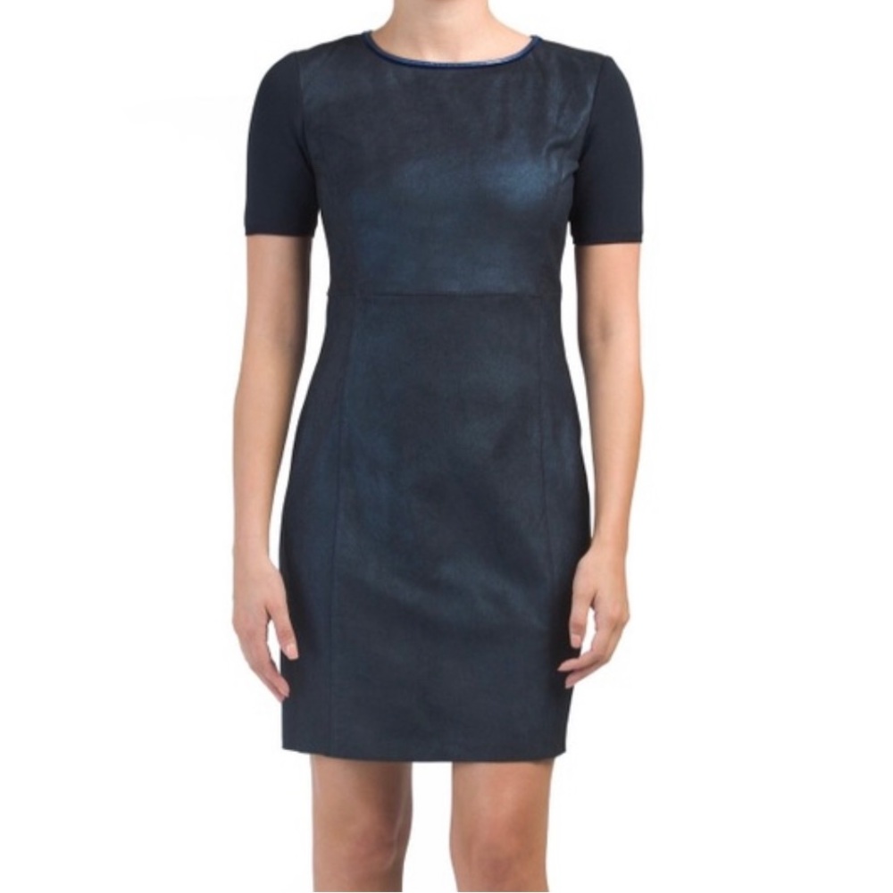 Elie Tahari mixed media lamb suede dress with mixed media sleeves. Size 8.